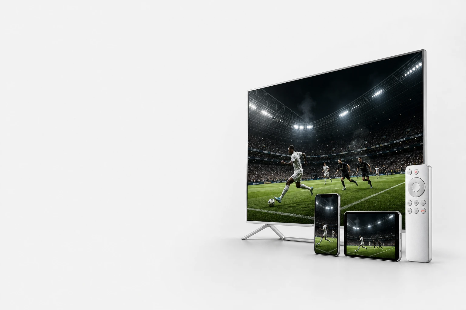 Light television, phone, tablet and remote showing a live football match