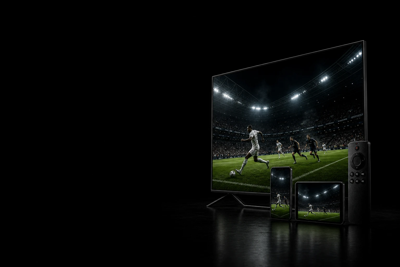 Television, phone, tablet and remote showing a live football match
